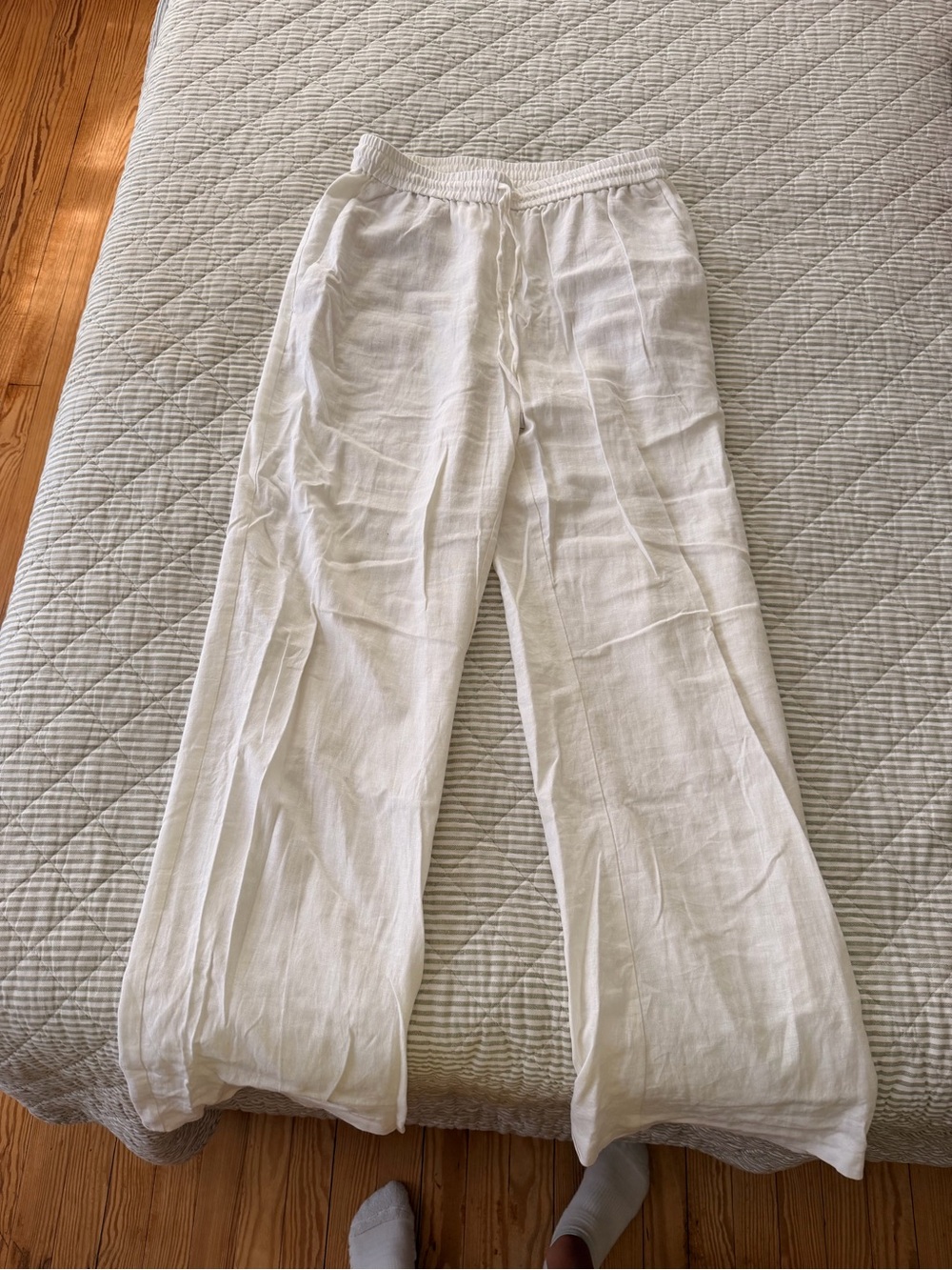 Zara White Linen Casual Drawstring Pants